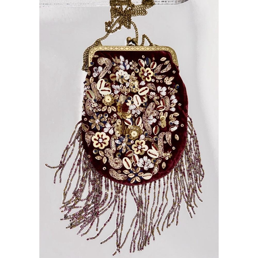 Free People Velvet Boho Gold Beaded Sequin Tassels Kisslock Evening Bag Clutch